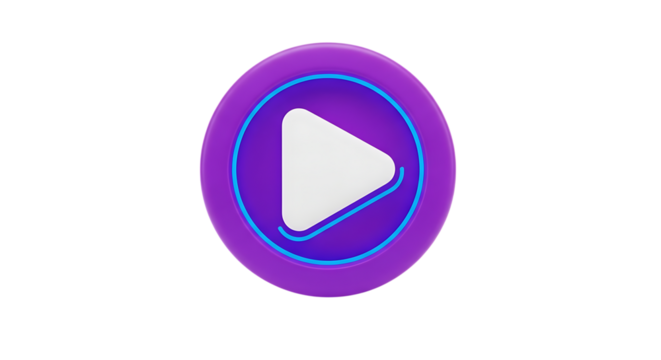 Vibrant purple play button icon with neon blue outline isolated on white background