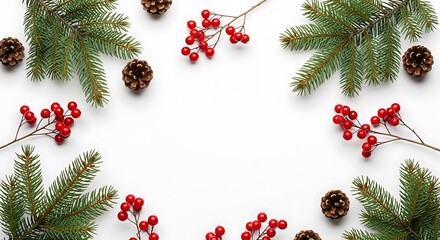Christmas wreath frame with pine needles berries and pinecones on white background