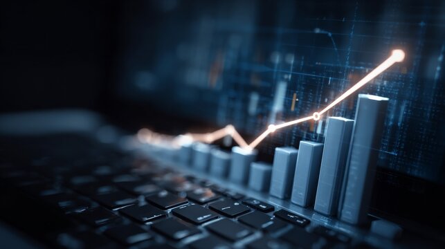 Futuristic business success visualization with growth chart and data analysis on laptop screen in dimly lit environment for financial presentations and reports