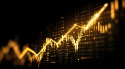 Abstract Financial Chart with Rising Trend Displaying Candlestick Patterns and Data Analysis Illustrated in Golden Lights on Black Background
