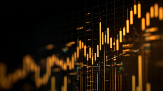 Abstract representation of stock market fluctuations with bright yellow candlestick chart on dark background for financial analysis and visualization projects