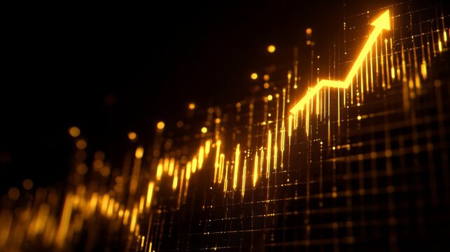 Golden financial chart representing market growth and upward trends with vibrant lighting and abstract data visualization in a dark background