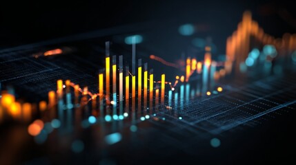 Abstract Digital Financial Graph with Colorful Bars and Lines Representing Data Trends and Fluctuations in a Technology-Inspired Background