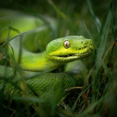 Obraz premium green snake slithers through tall grass, its scales detailed and eyes alert, highlighting the reptile's stealth and natural camouflage in a lush environment