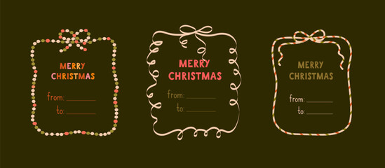 Set of three Christmas gift tags with cute frames made of garlands and ribbons. Festive minimalist design in warm cozy colors, perfect for holiday cards, gifts, and printable labels.