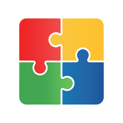 Abstract concept graphic featuring four interlocking puzzle pieces in bright, primary Colors. Represents problem solving, strategy, partnership, connection, and successful completion of a task.