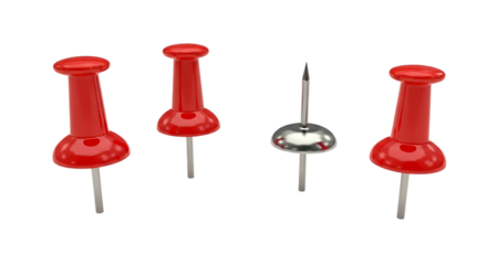 Four office supply pushpins three red and one silver isolated on white background