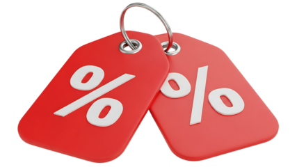 Two bright red sale tags with white percentage symbols displayed prominently isolated on white background