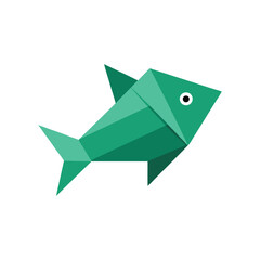 Geometric green fish illustration simple design with polygonal shapes and white eye