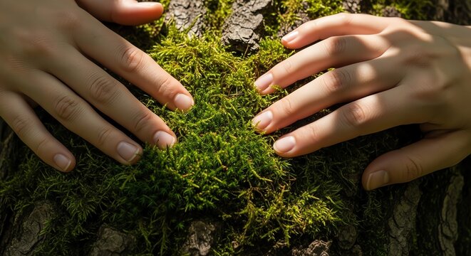 Hands touching moss on tree trunk