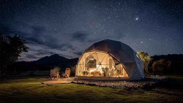 Cozy geodesic dome structure illuminated at night surrounded by stars and natural beauty in a tranquil outdoor setting with mountain backdrop