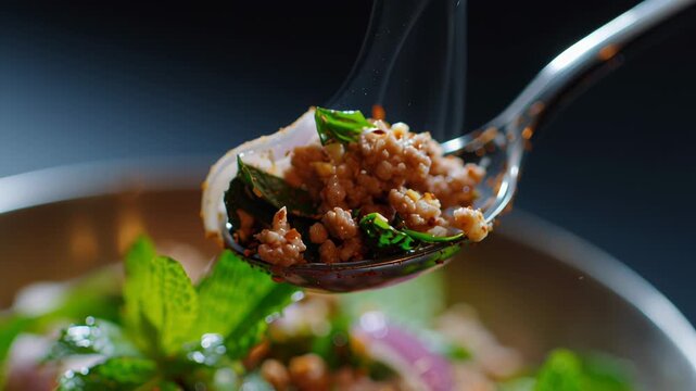 Vibrant Closeup of Thai Larb Minced Pork Salad with Fresh Herbs and Spices, Showcasing Delicious Flavors and Aromatic Experience