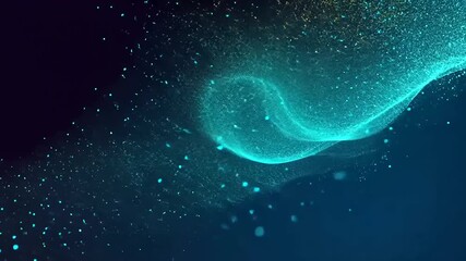 Abstract flow of luminous teal and gold particles on a dark background - Powered by Adobe