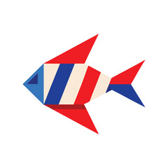 Stylized geometric fish illustration with red white and blue color scheme