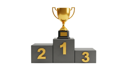 Golden trophy awarded on a gray podium with numbers one two and three isolated on white background
