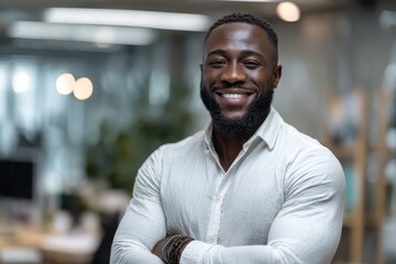 Obraz premium Confident african american businessman smiling with arms crossed in office
