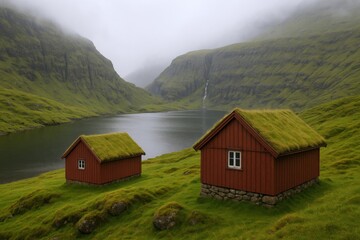 Obraz premium Picturesque Village Scene: Traditional Turf Roof Houses nestled in the Green Faroe Islands Landscape