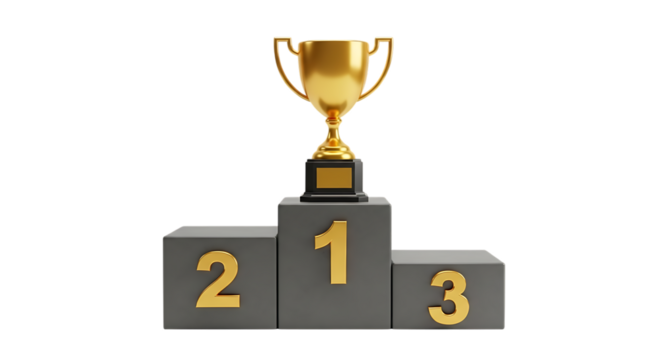 Golden trophy awarded on a gray podium with numbers one two and three isolated on white background - Powered by Adobe