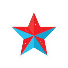 A vibrant red and blue five pointed star with scattered white dots