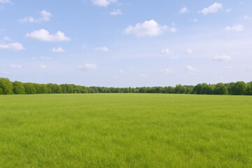Obraz premium Lush Green Meadow Landscape Under a Bright Blue Sky With Fluffy White Clouds Backdrop