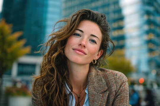 Confident businesswoman smiling in front of modern buildings
