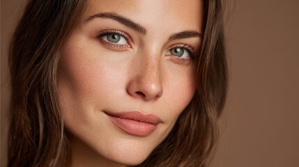 Fototapeta premium Natural Beauty Portrait of a Young Woman with Long Hair and Soft Makeup Against a Neutral Background Featuring Striking Blue Eyes and Flawless Skin