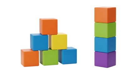 Colorful building blocks stacked in two different arrangements isolated on white background