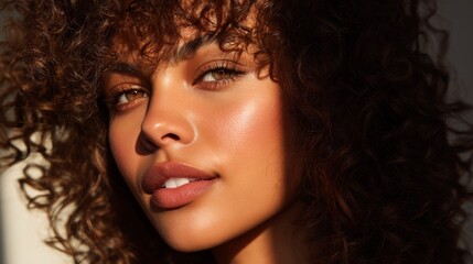 Fototapeta premium Close-up Portrait of a Woman with Natural Curly Hair and Radiant Skin Highlighting Beauty in Soft Natural Light