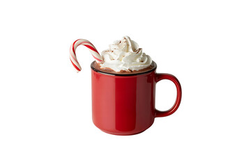 Hot chocolate with whipped cream and candy cane isolated on transparent background