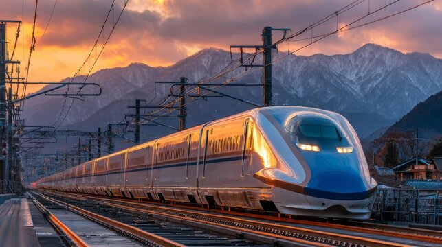 Futuristic high-speed train speeding along railway tracks at sunset with majestic mountains in the background and dramatic sky colors illuminating the scene