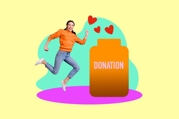 Collage of young woman man toward donation jar with hearts symbolizing charity blood donor day volunteer support