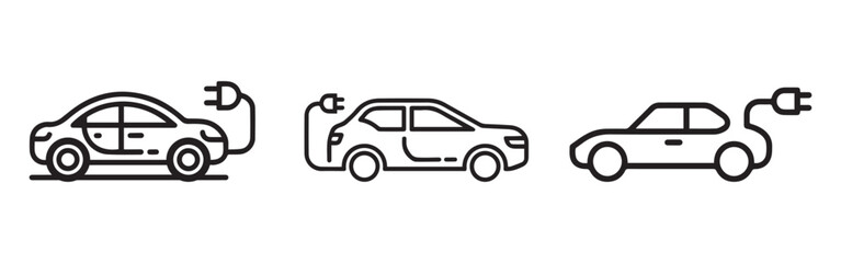 Electric car icon set, EV charging symbol, e-mobility vector line art