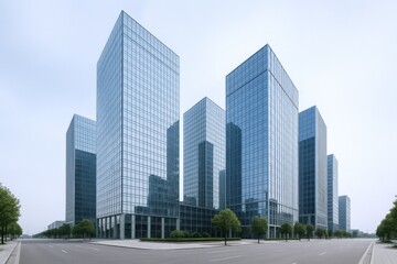 Fototapeta premium Modern Glass Office Buildings in Urban Business District Reflecting Sky and Clouds