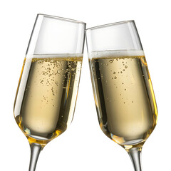 Two champagne glasses toasting with bubbles isolated on transparent background