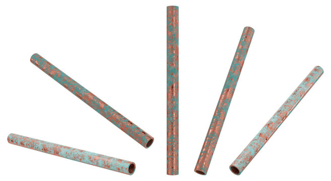Isolated rusted copper pipes set. 3D rendered image.