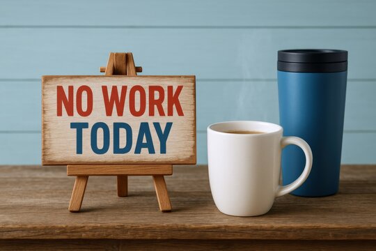 Relaxing Break: Coffee and Message Board Announcing a Day Off, Promoting Work-Life Balance