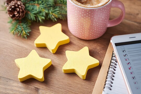 Festive christmas morning with coffee, stars, and a todo list on a wooden table