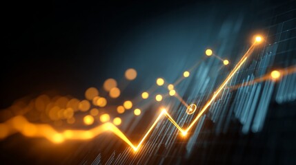 Abstract representation of financial growth with glowing upward trend line and bright dots on dark background symbolizing success and investment opportunities