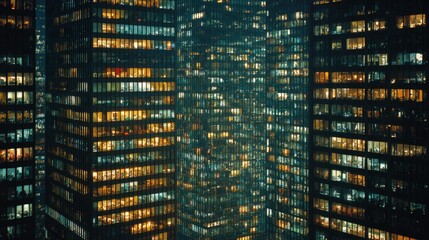 Fototapeta premium Abstract High-rise Buildings at Night with Illuminated Windows: Urban Landscape and Modern Architecture