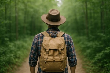 Man Hiking Through Lush Green Forest with Backpack and Hat, Experiencing Outdoor Adventure