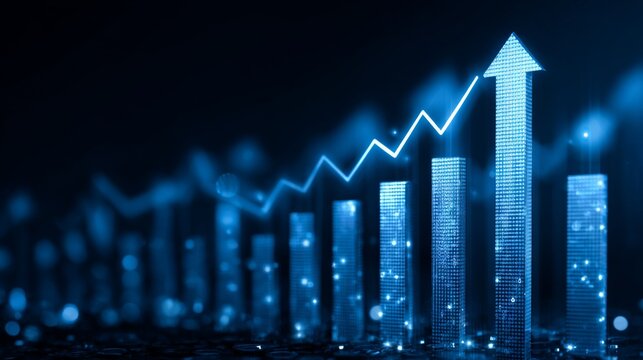 Futuristic blue data visualization with ascending bar graph and arrow symbolizing growth, targeting finance, investment, and technology sectors