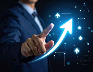 Businessman pointing to glowing upward arrow symbolizing business growth and technological progress.