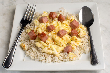 rice  with scramble eggs and spam