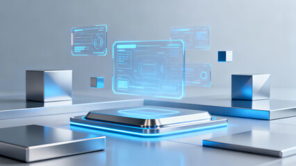 Futuristic holographic interface with glowing blue geometric shapes, metallic cubes, and floating digital screens displaying data visualizations