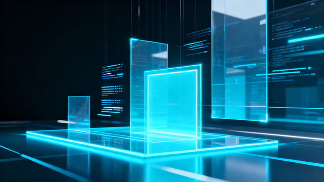 Futuristic digital scene with glowing blue holographic cubes and panels on a reflective grid floor, evoking a high-tech cyberpunk interface