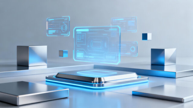Futuristic holographic interface with glowing blue geometric shapes, metallic cubes, and floating digital screens displaying data visualizations