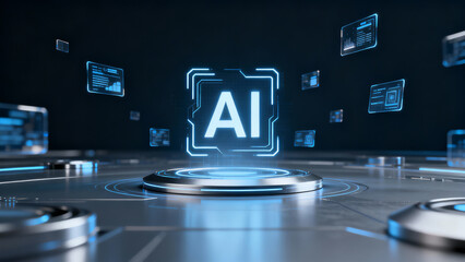 Futuristic AI hologram glows in neon blue, surrounded by floating data screens & graphs on a sleek platform, evoking advanced tech innovation