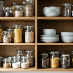 Organized kitchen pantry with food ingredients in glass jars on wooden shelves.