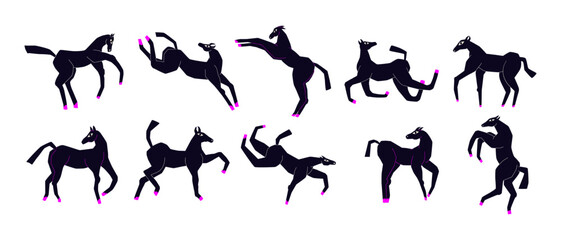 Stylish hand drawn featuring playful cartoon horses in various dynamic poses. Modern groovy design, bright accent detail, and expressive character movement. Vector illustration for stickers, pattern.