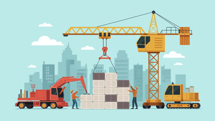 Fototapeta premium Construction workers and machinery building a city skyline